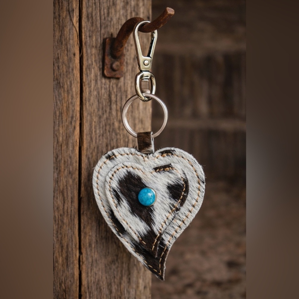 Heart Cowhide Keychain with Turquoise Accent
